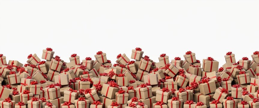 Pile of cardboard gift boxes with red ribbons