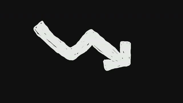 Hand drawn white zigzag arrow moving downward and upward on a dark background. 4K horizontal video
