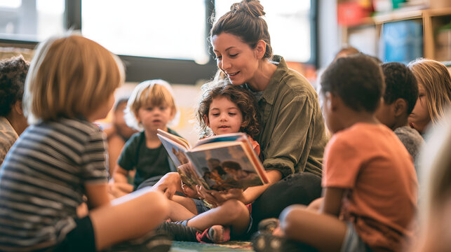 An elementary teacher reading a picture book aloud to kids sitting cross-legged on a rug