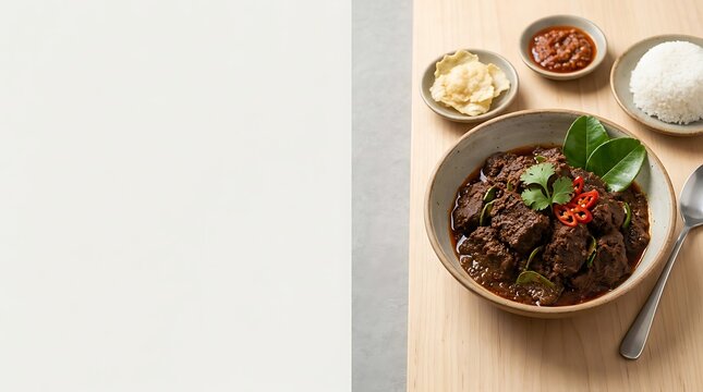 Traditional indonesian beef rendang curry with rice and crackers