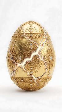 Exquisite golden egg with intricate texture and a central crack isolated on a bright background precious treasure metaphor shimmering