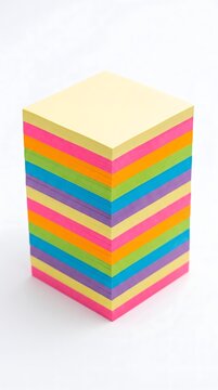 Tall stack of multicolored neon adhesive sticky notes isolated on a white background with stationery colorful reminder adhesive business