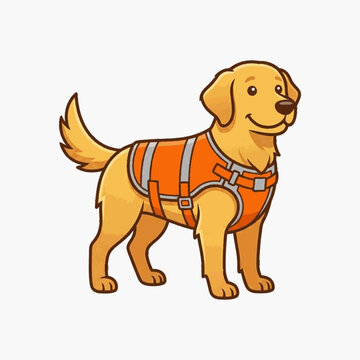 Cartoon illustration of a golden retriever dog wearing a bright orange pet life jacket with reflective straps and buckles, isolated on white for water safety and rescue concepts.