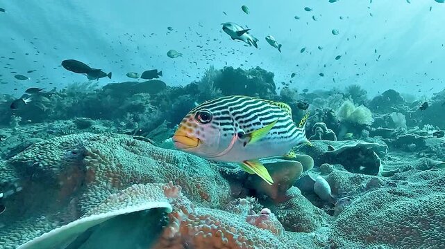 Slow-motion view of an oriental sweetlips, Plectorhinchus vittatus, leaving the reef while a black snapper, Macolor niger, follows behind in Raja Ampat.