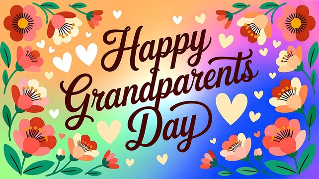 Happy grandparents day greeting card with colorful hearts and floral border on gradient background, grandparents