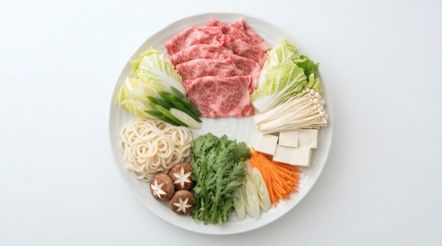 Top Down Flat Lay Japanese Shabu Shabu Ingredient Platter Thinly Sliced Beef Napa Cabbage Tofu

