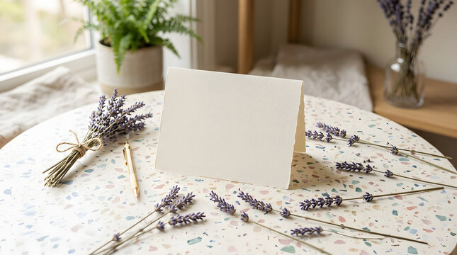 A blank white greeting card surrounded by dried lavender sprigs and a gold pen on a speckled table, with a potted plant in the background.