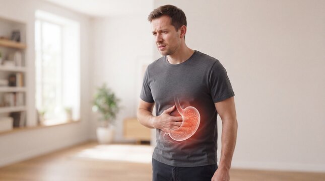 Man Experiencing Stomach Pain and Digestive Discomfort at Home