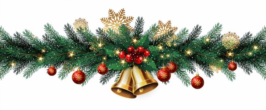 Christmas garland with bells and ornaments isolated on white background