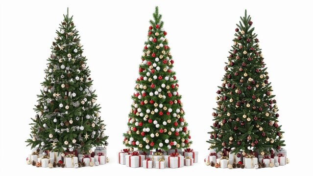 Three decorated christmas trees with gift boxes isolated on white background