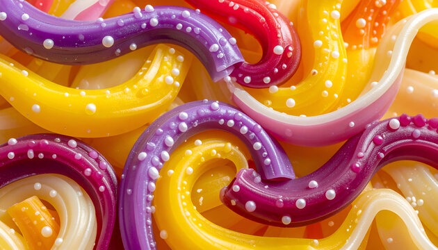Close-up of brightly colored, twisted shapes with a slightly textured surface, seemingly intertwined. Bubbles add a playful dimension