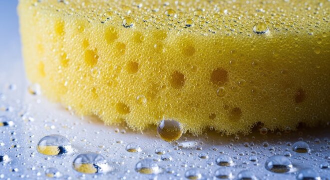 Close up of wet yellow sponge with water droplets on a reflective surface