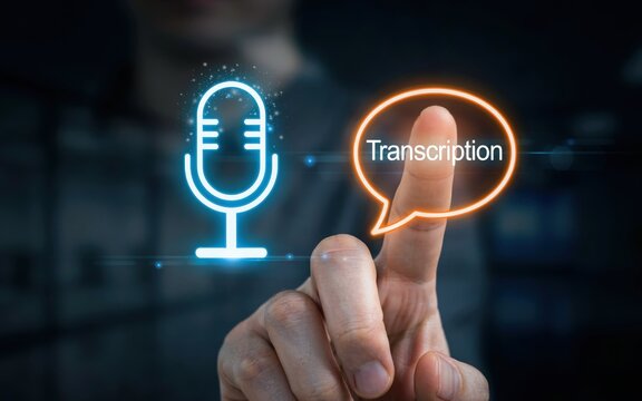 Finger touching a digital interface with microphone and transcription icons