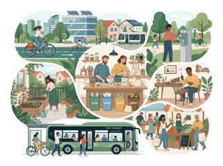 Naklejka premium Eco Friendly Urban Lifestyle Activities Vector Illustration Collage