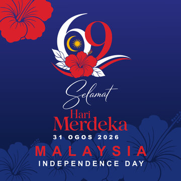 Patriotic Malaysia 69th National Day 2026 artwork featuring hibiscus flowers, national colors, and elegant typography for celebrations, events, posters, and digital promotions.