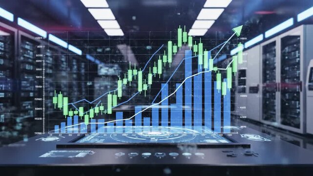 Digital stock market growth chart hologram projected in a modern data center, financial analytics and trading technology