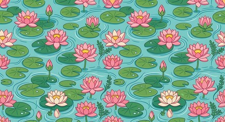 Seamless pattern with pink lotus blossoms and green lily pads in pond