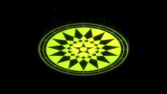 Chartreuse Magic Circle Summoning Ritual With Glowing Pentagram And Counter Rotating Rune Ring On Black 4K Luma Key Overlay