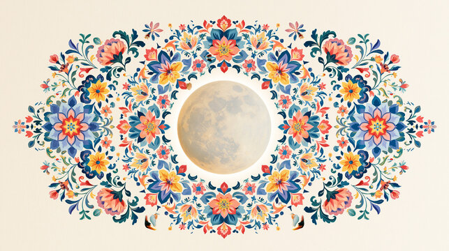 Moon Centered Inside Bright Traditional Flower Mandala