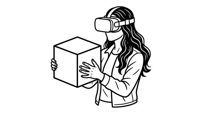 Woman wearing modern virtual reality headset while holding large white cubic box shape in this clean black and white vector graphic illustration for digital design projects