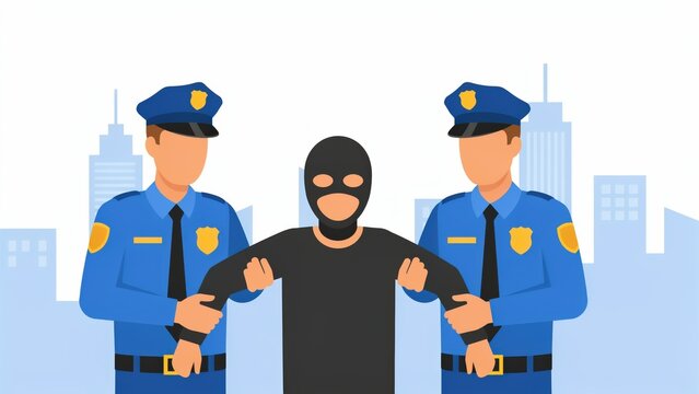 Police officers arresting a criminal in a black mask