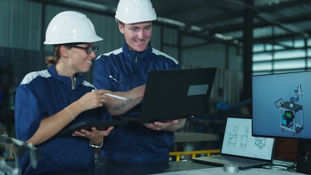 Male and female professionals collaborating on an industrial technology project. Analyzing computer monitor data on the factory floor