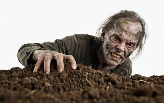 Zombie crawling out of the ground isolated on white background