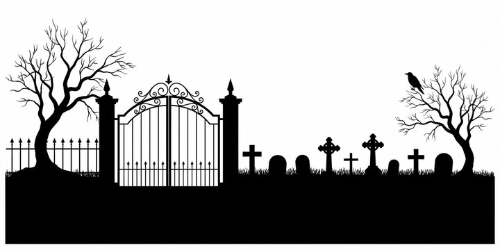 Silhouette of a spooky cemetery gate with tombstones