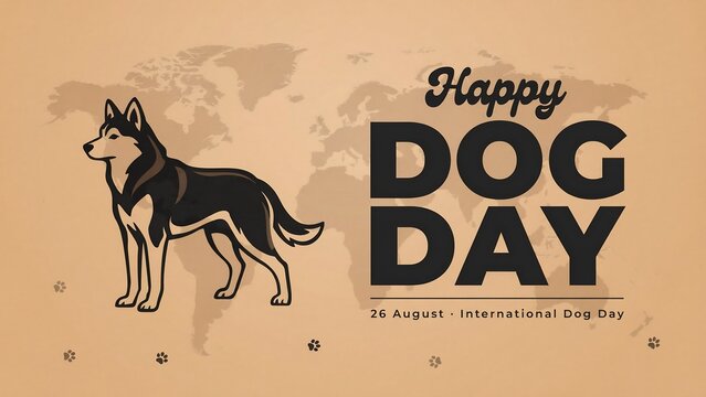 Happy dog day creative poster design with a cute husky illustration on a world map background, celebration