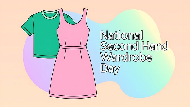 National second hand wardrobe day promotional graphic featuring a pink dress and a green t-shirt, wardrobe