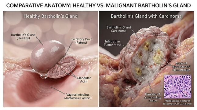 Healthy Bartholin's Gland Versus Bartholin's Carcinoma Infiltrative Mass and Lymphovascular Invasion
