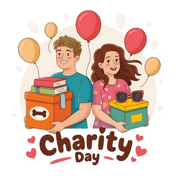 Charity day illustration of a man and woman holding boxes of donated items with balloons donation community
