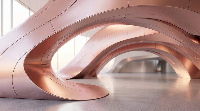 Abstract architecture with flowing metal forms and soft ambient light