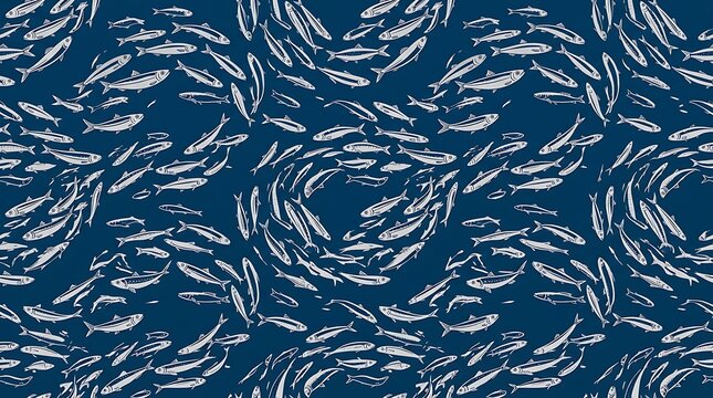 Nautical school of fish swimming in circular patterns on blue