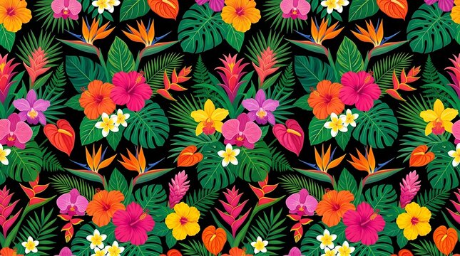 Seamless tropical pattern with exotic flowers and leaves on black