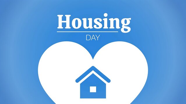 Housing day concept featuring a simple house icon inside a white heart shape on a light blue background, property