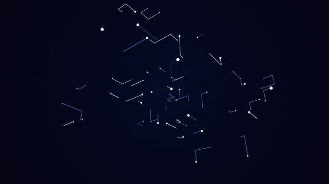 Isometric data motion graphics with glowing nodes and digital circuit lines on dark background.