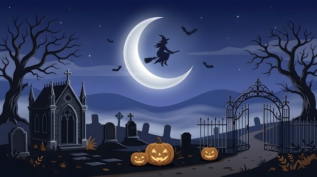 A spooky halloween witch flying night scene backround featuring a crescent moon over a dark graveyard with carved pumpkins