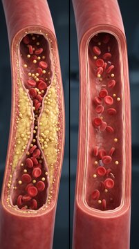 3D medical illustration of a narrowed artery filled with plaque and blood cells, showing reduced blood flow and cardiovascular disease.