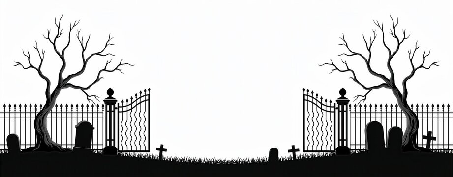 Spooky graveyard entrance with iron gates and trees