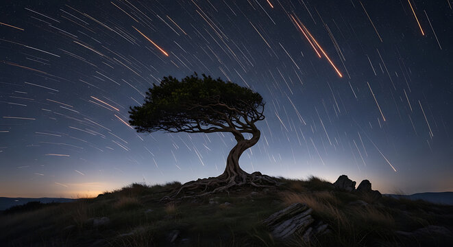Lone Tree Under Starry Sky and Meteor Shower