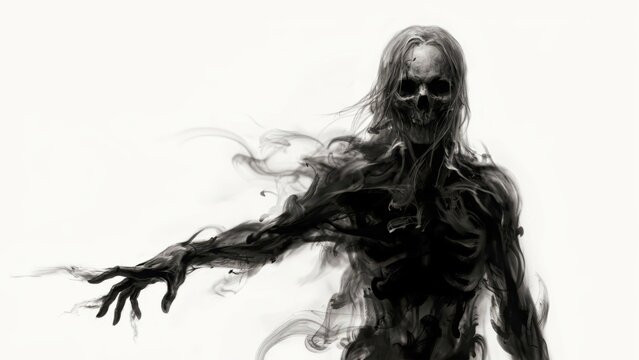 Dark ethereal spirit with skeletal face isolated on white background