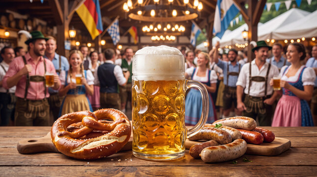 Oktoberfest beer mug with pretzel and sausage on a wooden table amid a cheering crowd celebrates German tradition for festival party promotion