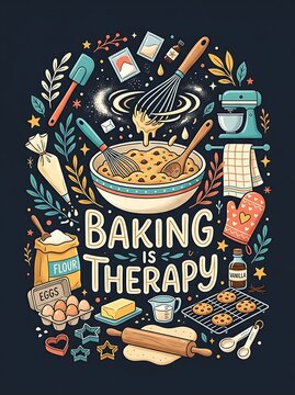 Baking is therapy quote surrounded by kitchen tools and ingredients