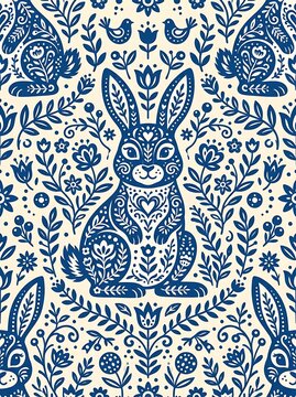 Ornate blue folk art rabbit pattern with flowers and birds