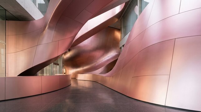 Contemporary interior architecture with flowing metal surfaces and dramatic lighting