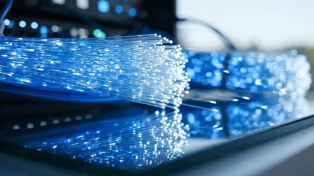 Close-up of illuminated blue fiber optic cables, glowing strands of data transmission, technology and network concept