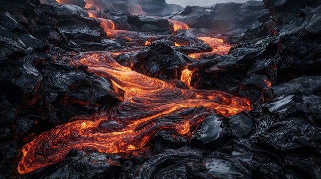 Flowing molten lava stream through dark volcanic rock landscape