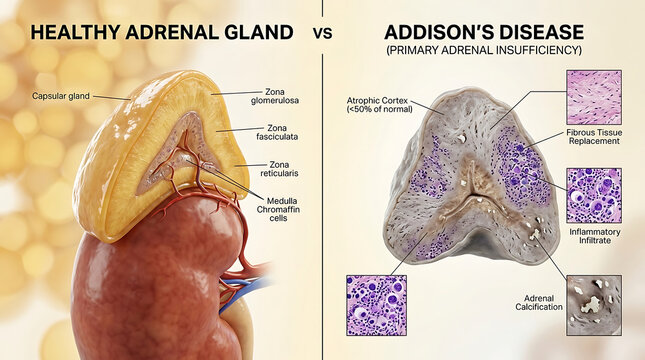 Healthy Adrenal Gland Versus Addison's Disease Atrophy and Fibrosis