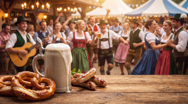 Oktoberfest classic beer mug with pretzel and sausage while a musician plays and guests dance celebrates German tradition for festival party promotion